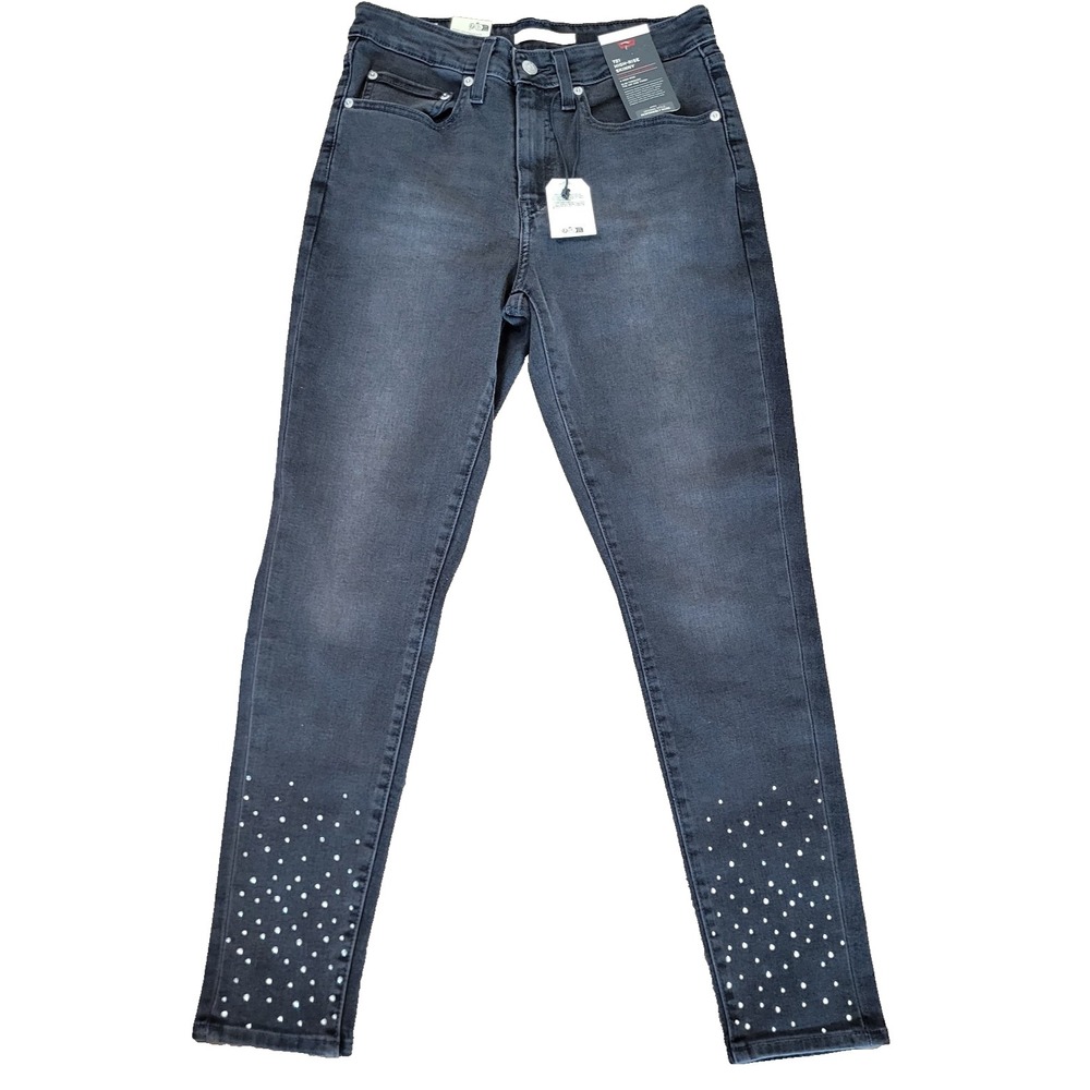 NEW Levis 721 High Rise Skinny Jeans Rhinestone Bling Womens 28 Dark Wash Black